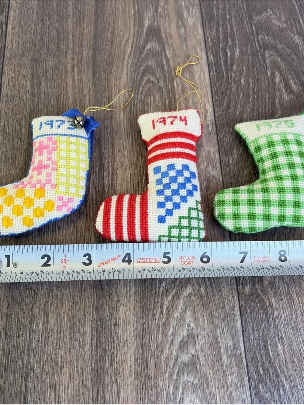 3 Vintage Handmade 1970's Cross Stitch Plush Christmas Stocking Ornaments